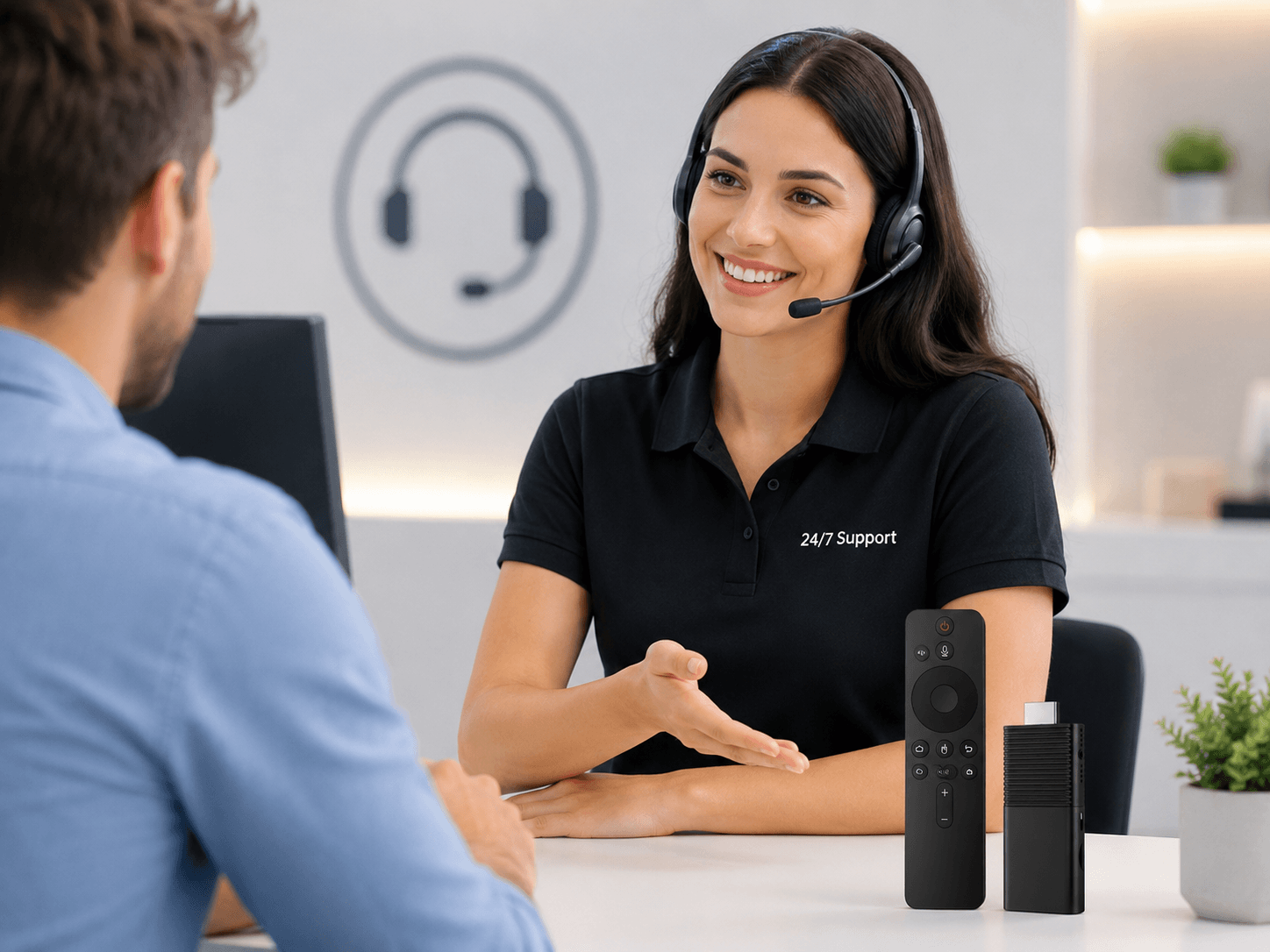Friendly customer contact representative assisting a Flixy customer