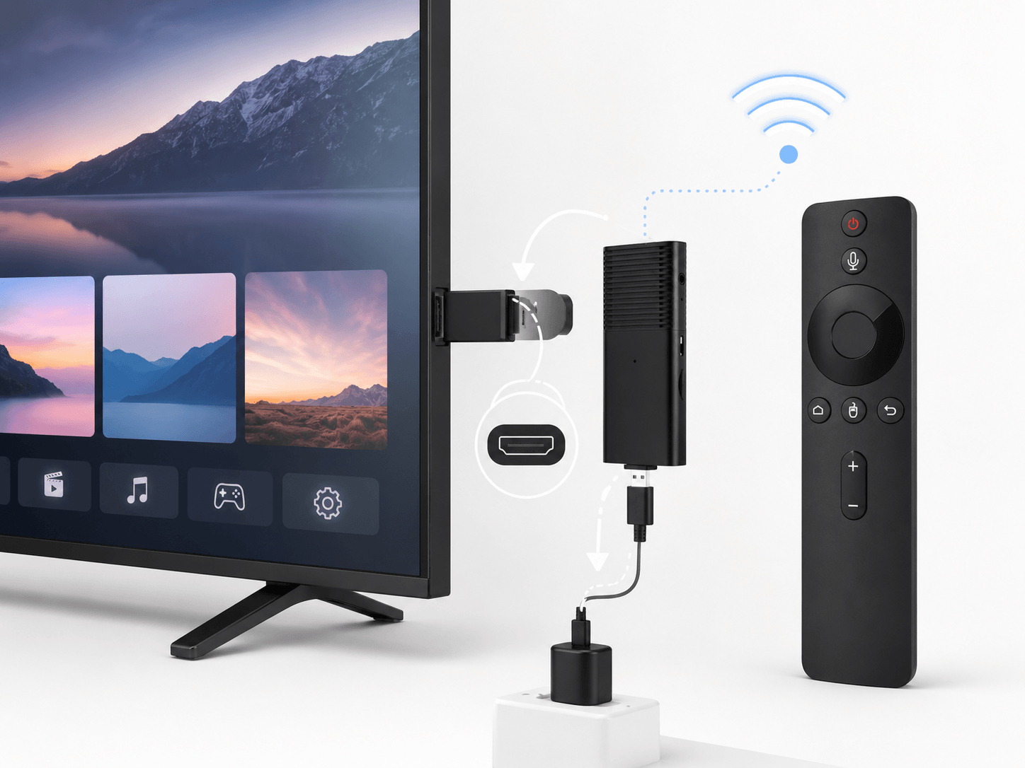 Diagram showing Flixy connected to a TV, USB power source and Wi-Fi network