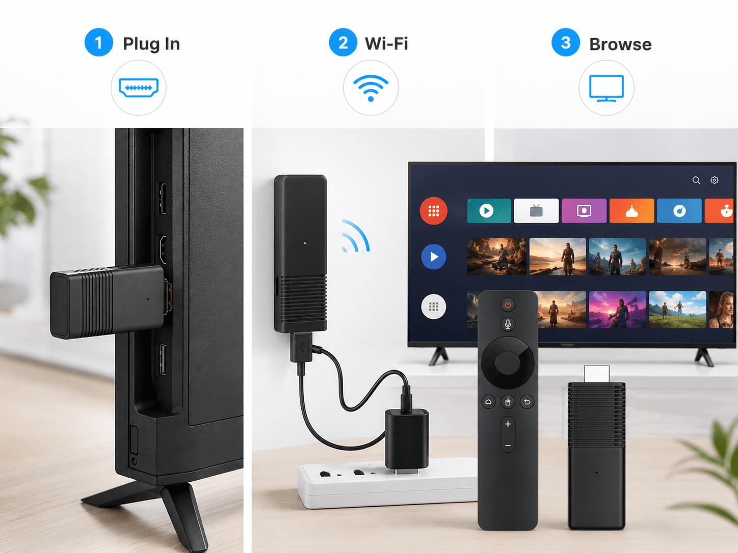 Step-by-step illustration of plugging in, connecting Wi-Fi and browsing Flixy