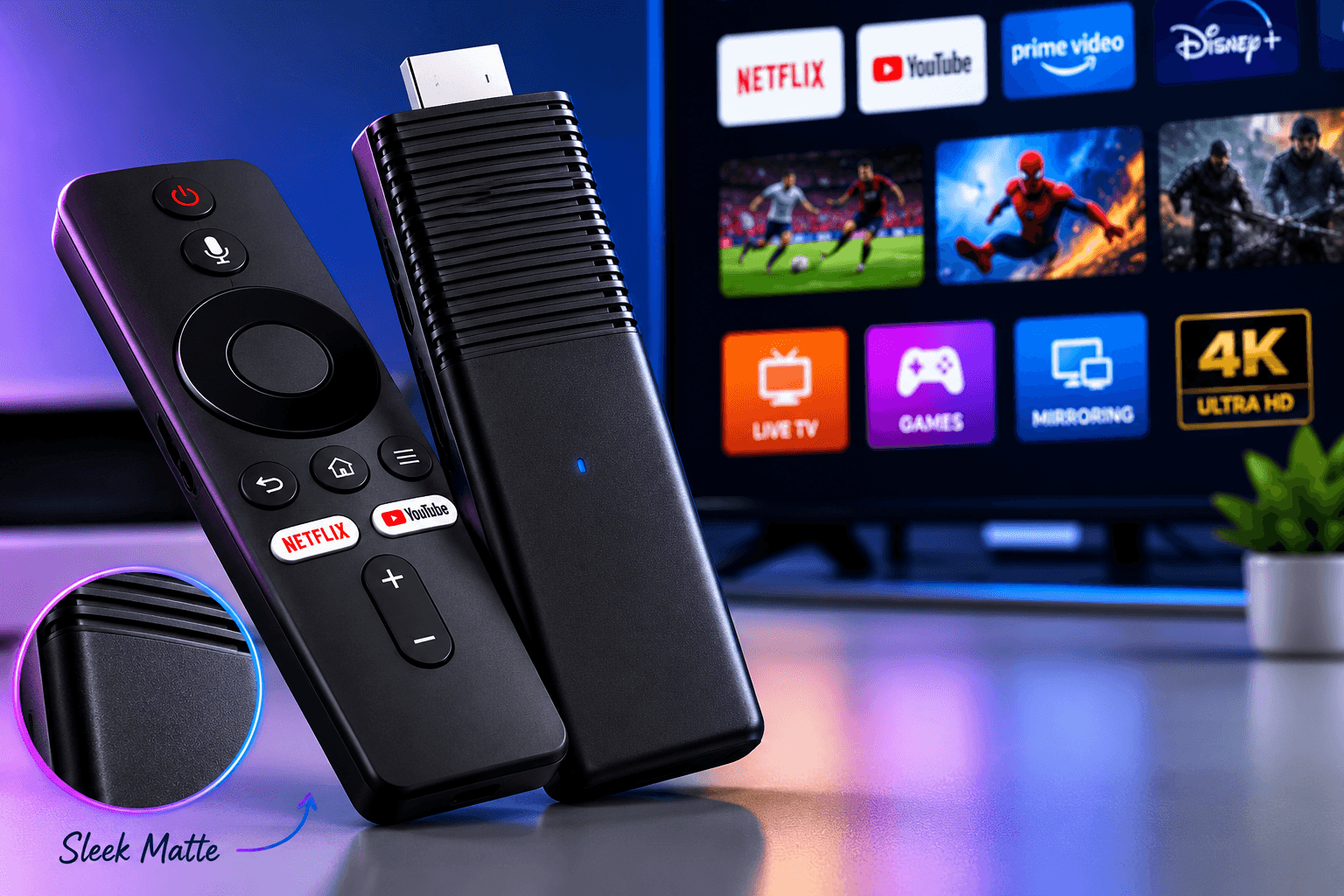 Close-up of Flixy TV Stick highlighting its sleek, matte finish.