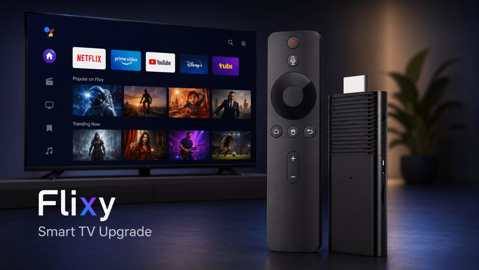 Flixy interface displayed on a TV screen showing a variety of channels and apps.